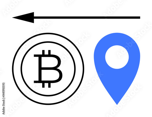 Bitcoin coin surrounded by circular border, blue location pin, black arrow pointing rightward. Ideal for cryptocurrency, mapping, direction, blockchain, digital payment fintech navigation. Flat