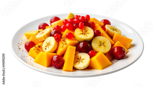 A colorful plate of mixed fruit chaat isolated on a white background.