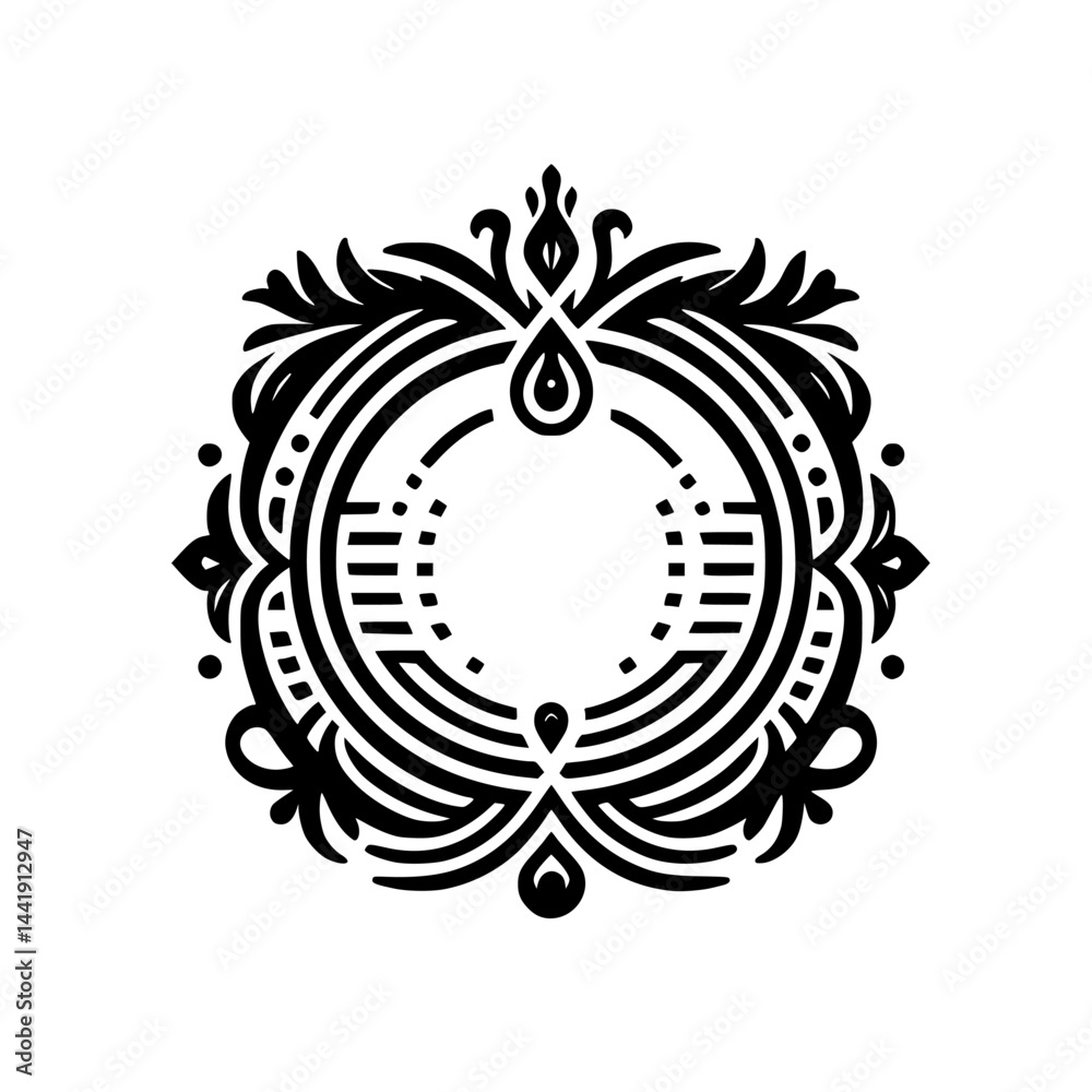Naklejka premium Ornamental Black and White Circle Frame with Floral Accents