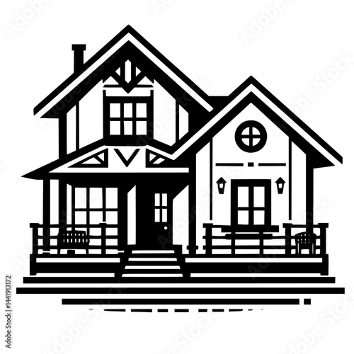 Black and White Cottage Illustration: Home, Comfort, and Real Estate Concept.