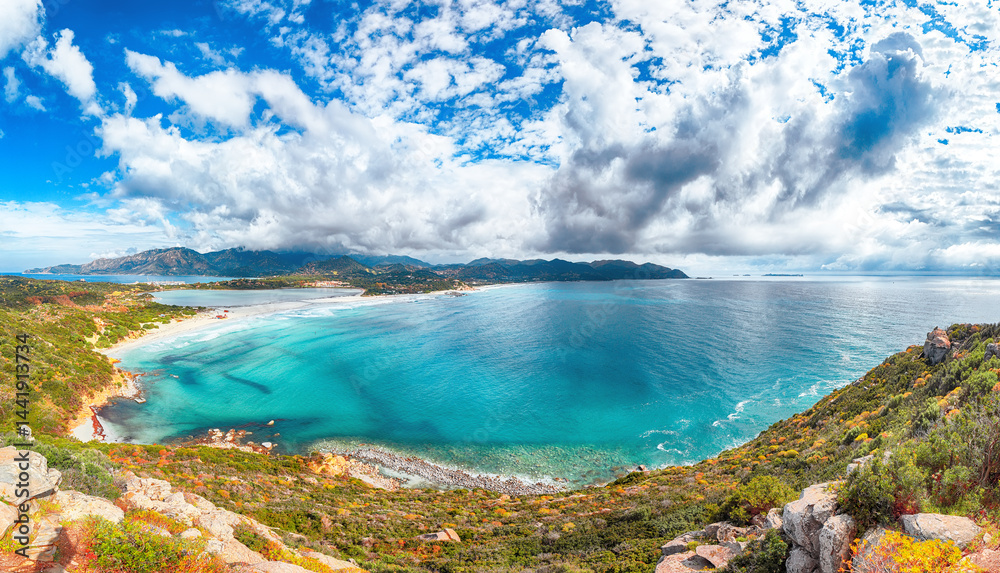 Impressive view on Lagoon of Porto Giunco with turquoise water.