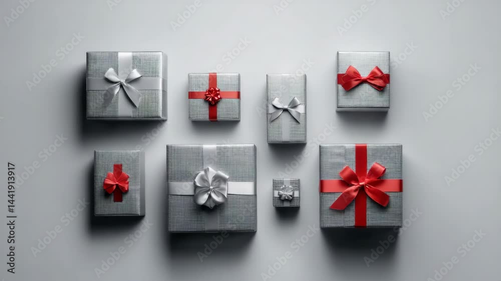 Gift boxes arranged creatively with silver and red ribbons for the festive season Gift boxes arranged creatively with silver and red ribbons for the festive season