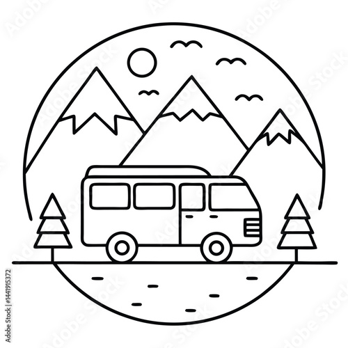 Camping Vehicle RV, camper van, trailer, roof tent vector Silhouette Line art illustration 
