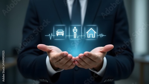 Man in suit holding glowing icons of car person and house representing insurance needs protection