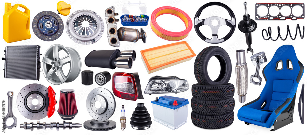 huge set collection of car parts including wheels, tires, filters, and engine components isolated white background. automotive vehicle repair and service industry concept.