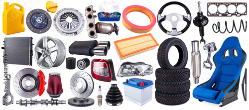 Obraz na płótnie huge set collection of car parts including wheels, tires, filters, and engine components isolated white background. automotive vehicle repair and service industry concept. w salonie