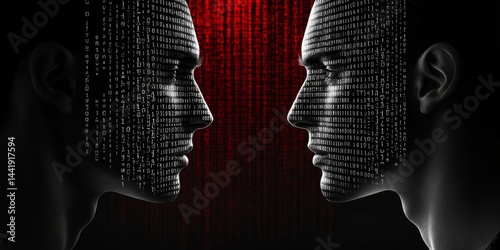 Two faces with a black background and red background