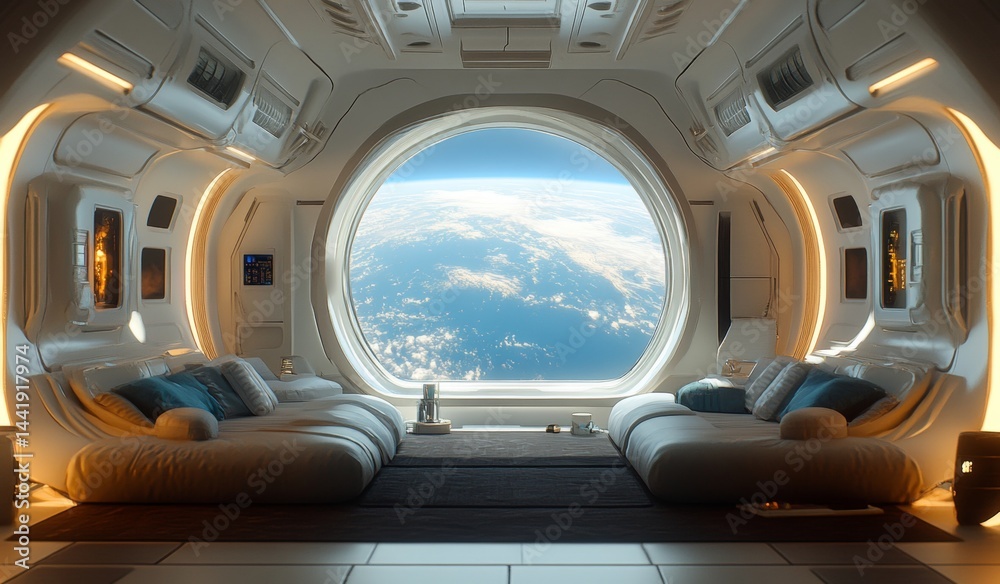 Obraz premium A space station with a large window that shows the Earth
