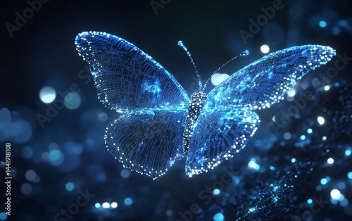 A butterfly with blue wings is flying in the night sky