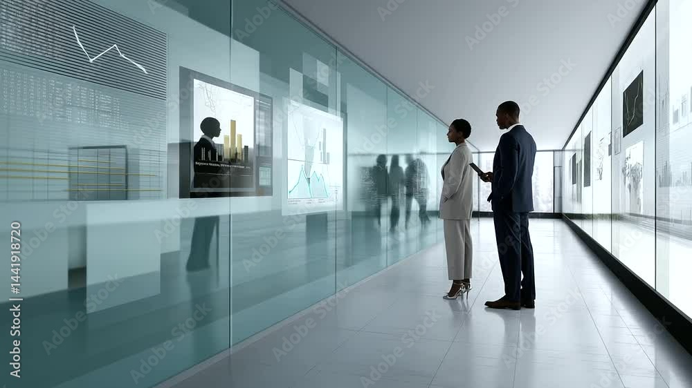 Businesspeople Analyzing Data in a Futuristic Office Environment Businesspeople Analyzing Data in a Futuristic Office Environment