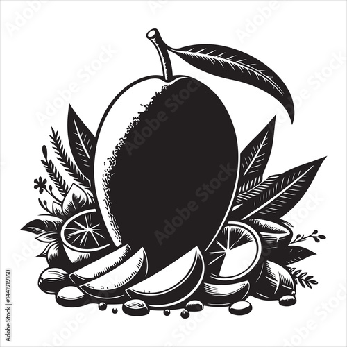 A mango fruit  Silhouette Vector Art, and Graphic, vector black colour silhouette  