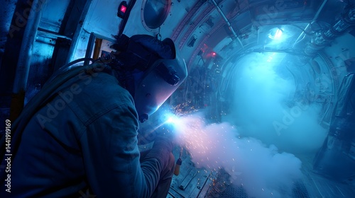 Welder inside a cramped spaceship maintenance tunnel, sparks reflecting on polished metal walls, bright blue welding torch, heavy smoke in zero-gravity, ultra detailed sci-fi environment