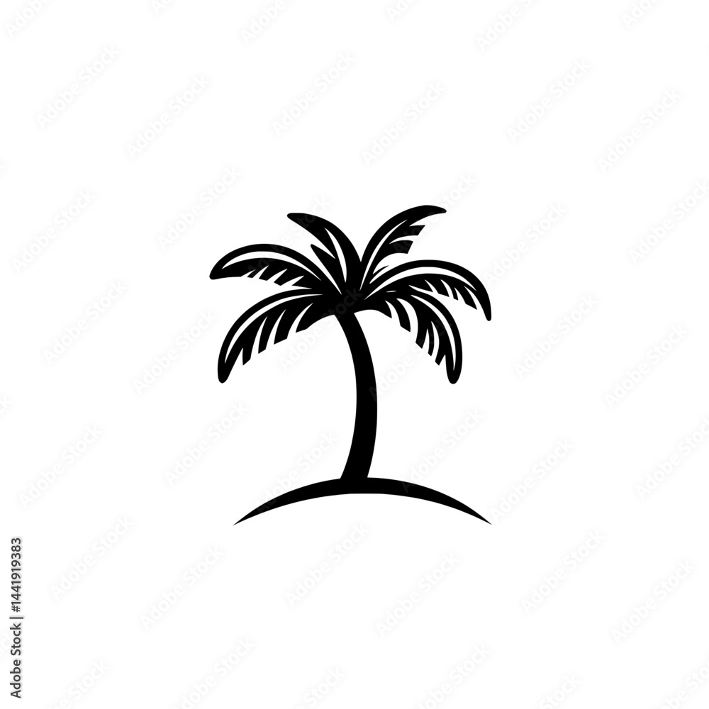 Obraz premium Single palm tree with curved trunk and extended fronds in a minimalist tropical black design