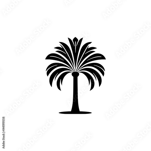 Stylized palm tree with textured fan leaves and solid base in black silhouette vector style