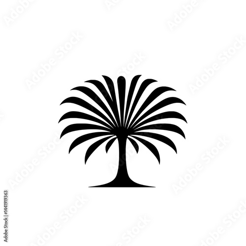 Decorative tropical palm tree with wide fan-like leaves and thick trunk in solid black design