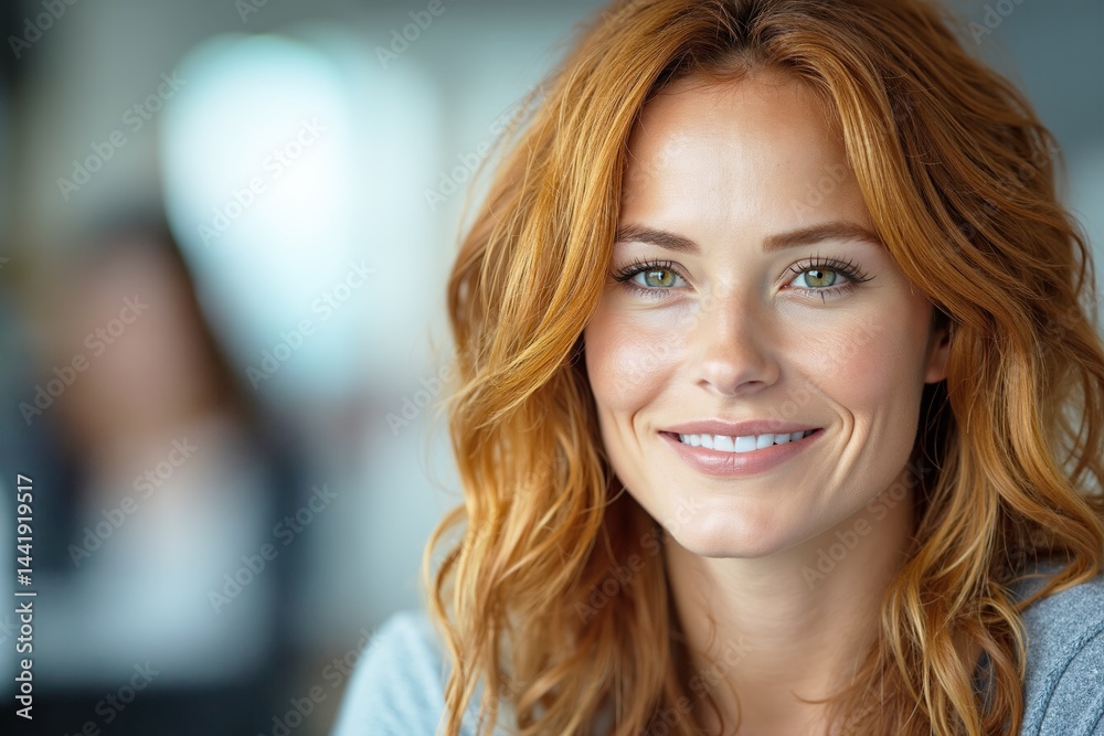 Vibrant redhead with bright smile in professional setting for modern lifestyle and career imagery Vibrant redhead with bright smile in professional setting for modern lifestyle and career imagery