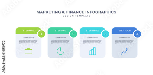 Horizontal infographic template with four steps or options with icons. Vector infographic design for business presentation slides