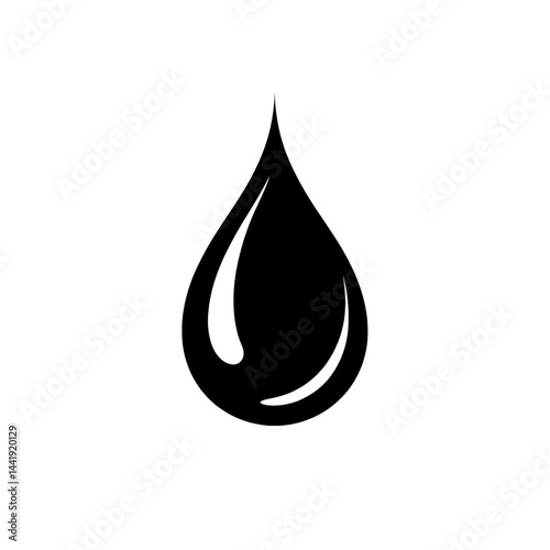Large black water droplet icon with glossy highlight effect in minimal vector style
