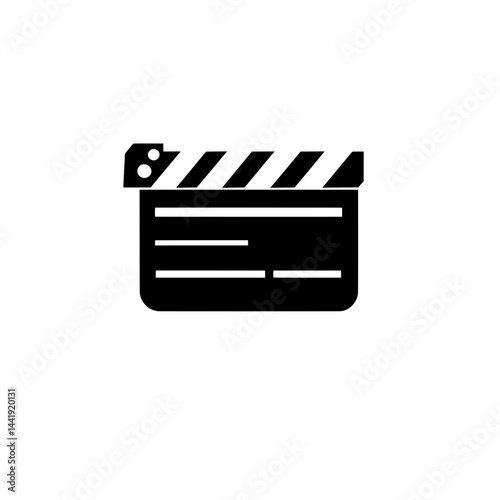 Modern black clapperboard icon with horizontal line details for use in digital video content creation
