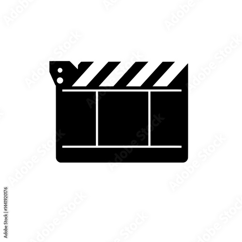 Minimalist black and white clapperboard vector icon for film and video projects