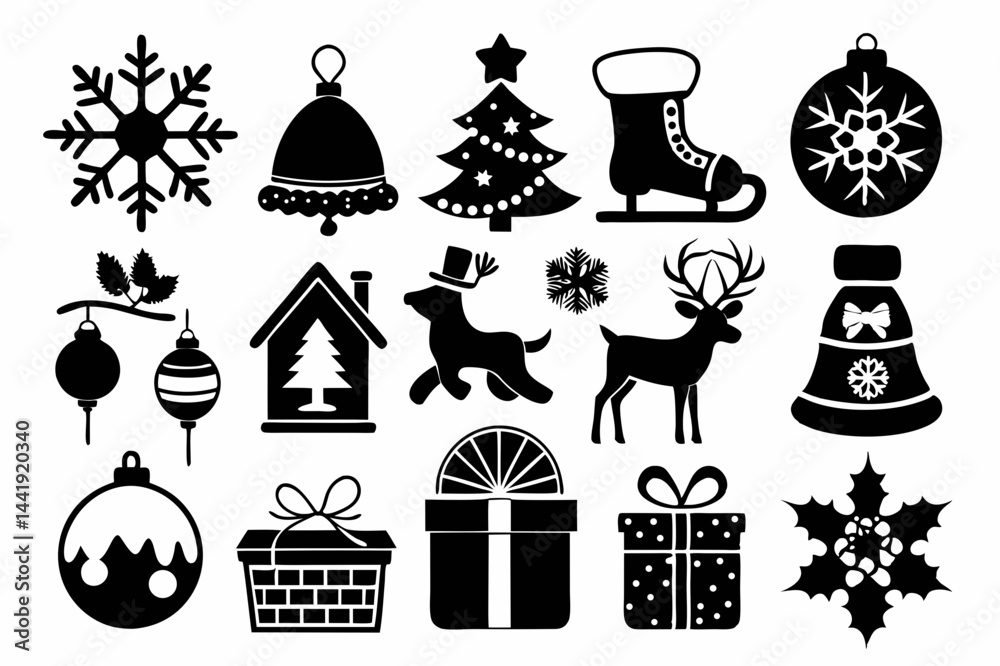 Fototapeta premium Christmas black and White Icon Set silhouette And White Background