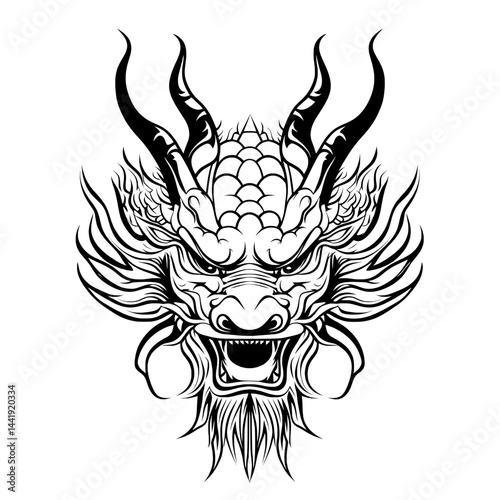 Dragon illustration with intricate scales, horns, and expressive eyes in monochrome style