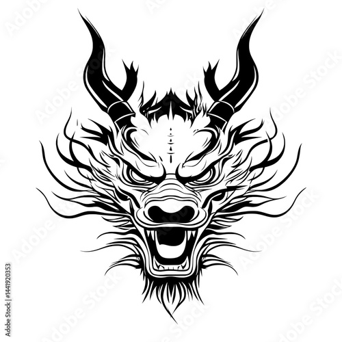 Angry dragon head with spiked horns and intense expression in detailed black line art