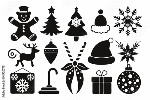 Christmas black and White Icon Set silhouette And White Background