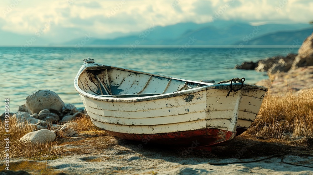 Fototapeta Fishing boat on shore, realistic, cinematic light, sharp focus.