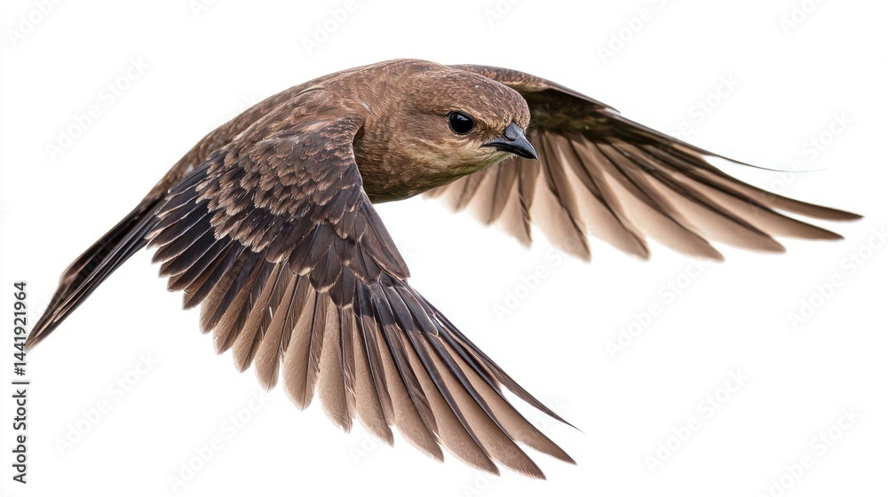 Naklejka premium A chimney swift in flight, sleek and streamlined, set against a white background.
