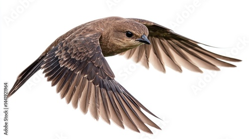 A chimney swift in flight, sleek and streamlined, set against a white background.