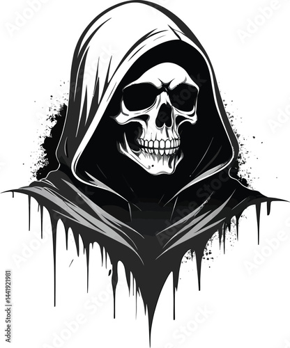 Grim Reaper Skull Silhouette - Gothic Black & White Minimalist Artwork in Stencil Style