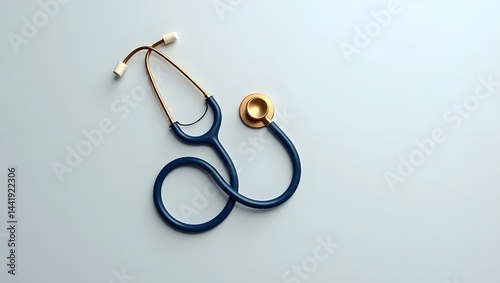 Isolated stethoscope with blue tubing and gold accents on a light blue background in a studio shot