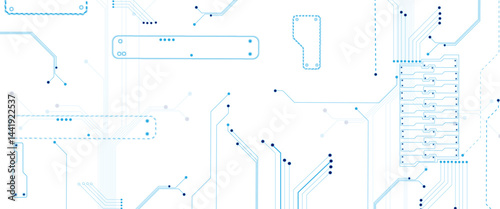 Glowing light blue neon AI chip with thin circuit contact lines. Technology lines circuit and dots on white background, circuit board network connection.