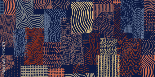 Crafted hand drawn brush line abstract stitching waves collage pattern, Japanese traditional sashiko handcrafted embroidery, weaving texture background, ethnic graphic for textile, wrapping paper
