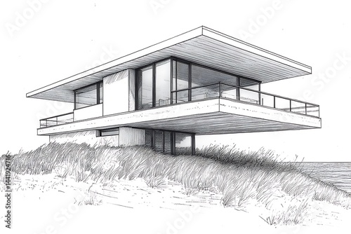 Monochromatic architectural drawing of a modern waterfront house.