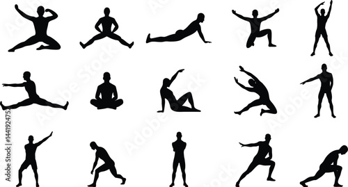 Silhouette Fitness Poses. Male Workout Exercise Stretching Icon Set
