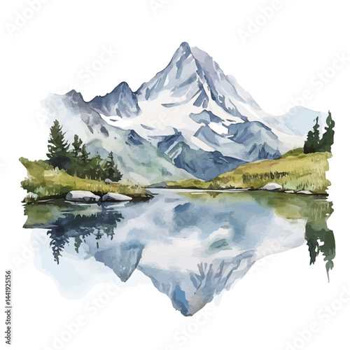 mountain lake, watercolor drawing, isolated on a white background. mountain lake vector.