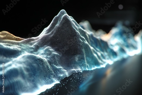 Abstract topography surface with connecting glowing dots against dark background, data visualization and technological representation