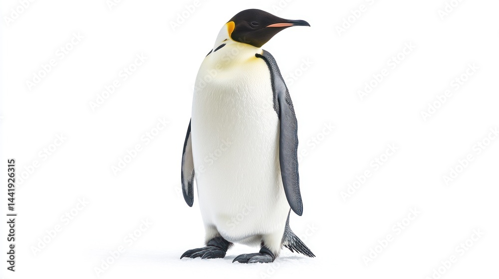 Fototapeta premium A full-grown emperor penguin standing, facing forward, on white