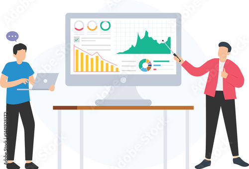 Two business colleagues collaborating on a project, analyzing financial charts and data on a large screen while discussing market trends using a laptop and pointing device

