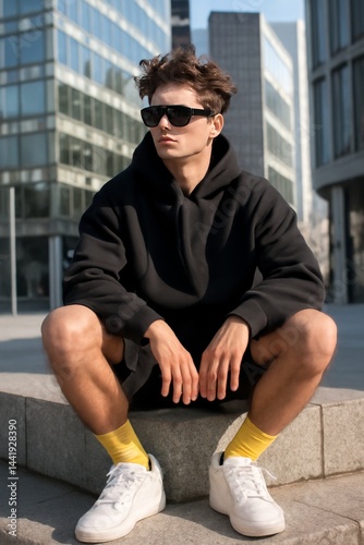 A young man sitting casually on a stone ledge near a modern urban setting.