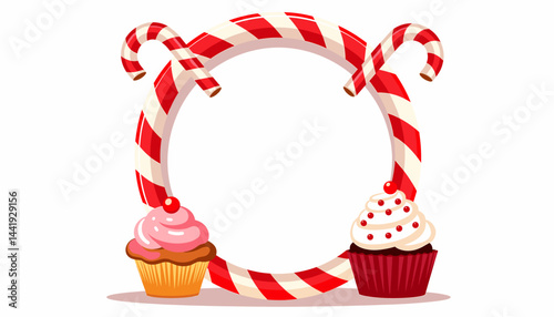  Candy cane frame and cupcakes on white, festive holiday illustration
