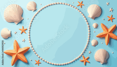 Summer themed layout with shells and starfish around a beaded circle, for vacation posters, copy space