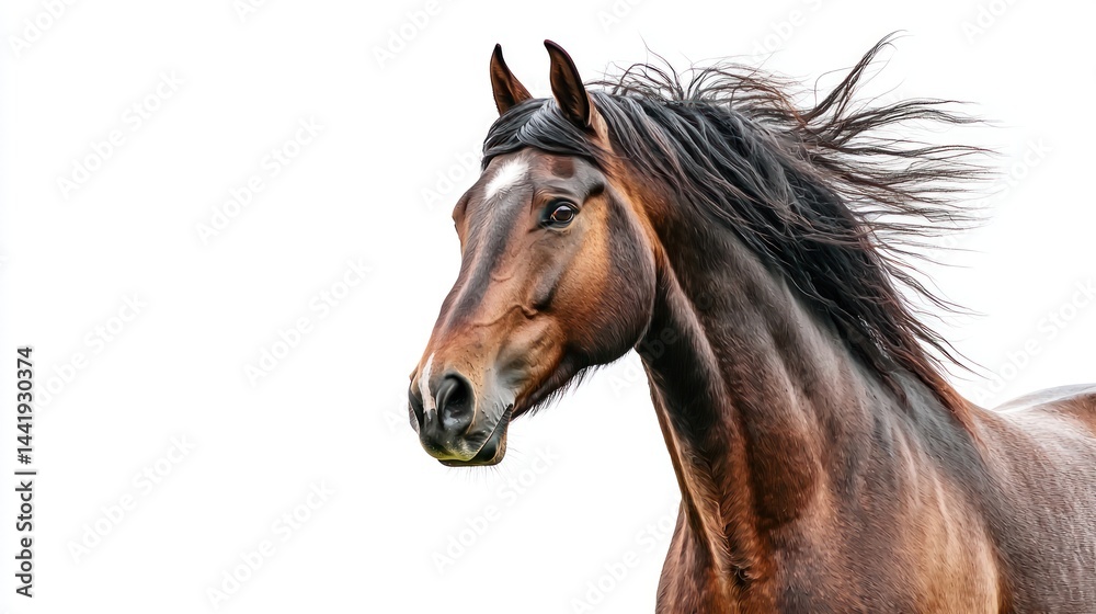 A horse standing proudly with its mane flowing, against white A horse standing proudly with its mane flowing, against white