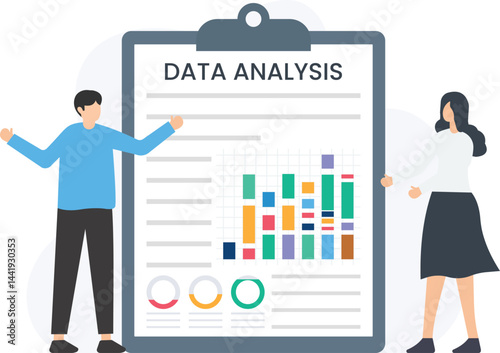 Two business colleagues discussing a clipboard filled with data analysis, showcasing bar charts and pie charts while explaining project details and reporting on statistics

