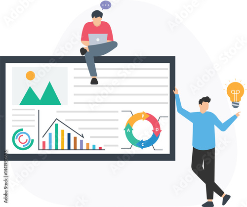 Two businessmen collaborating on a project, analyzing data and charts on a large screen while brainstorming ideas for business growth and innovation symbolized by a bright light bulb


