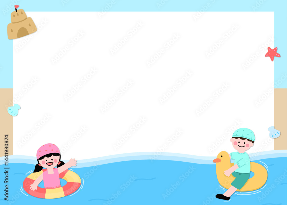 Fototapeta premium 유치원 여름 방학 바다 캐릭터 드로잉 가로 프레임 테두리(kindergarten summer vacation beach character drawing frame)