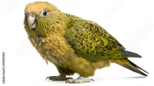 A kakapo parrot standing on the ground, isolated on white