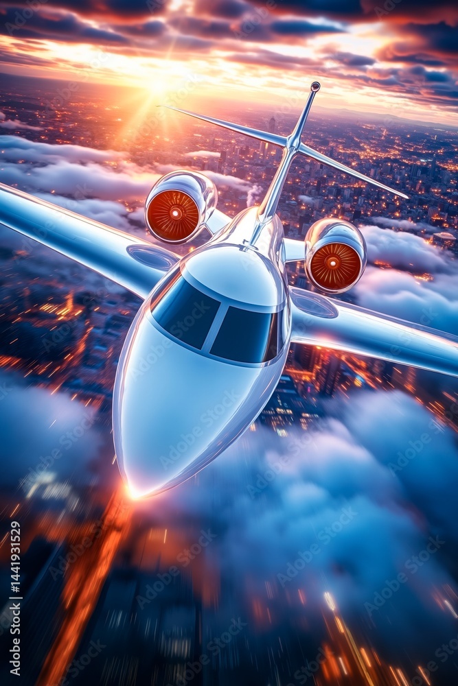 A small airplane flying over a city at sunset A small airplane flying over a city at sunset